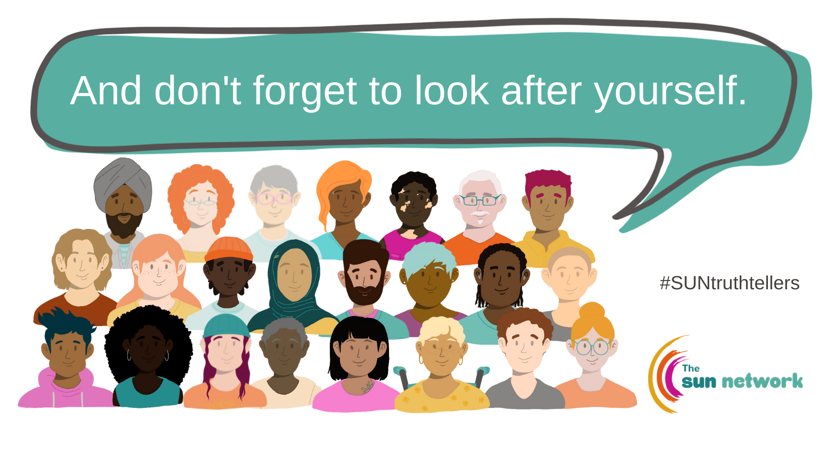 Eating Disorders Group Image with a speech bubble saying \'And don\'t forget to look after yourself\'.